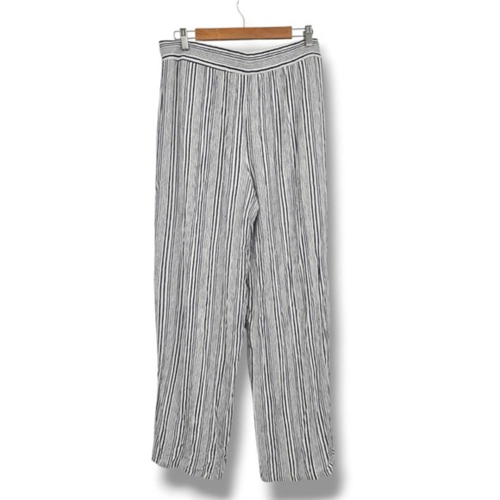 AGB Womens Navy White Striped Wide Leg Palazzo Pants Smocked Waist L‎ - Picture 2 of 10